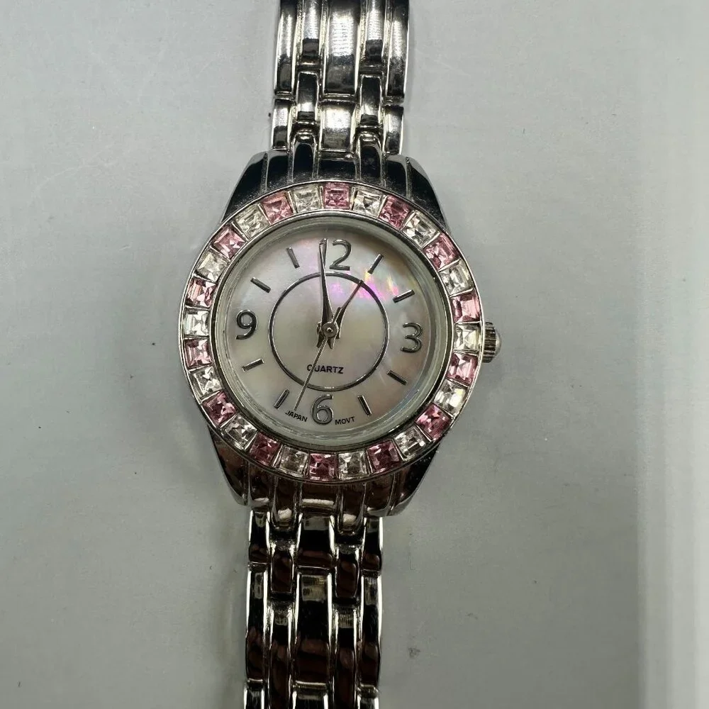 M. Z. Berger Watch Women Silver Tone Pink White Crystal Bezel New Battery